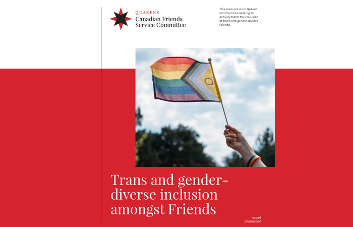 A pride flag is held up in front of a blue sky above the words Trans and gender-diverse inclusion amongst Friends