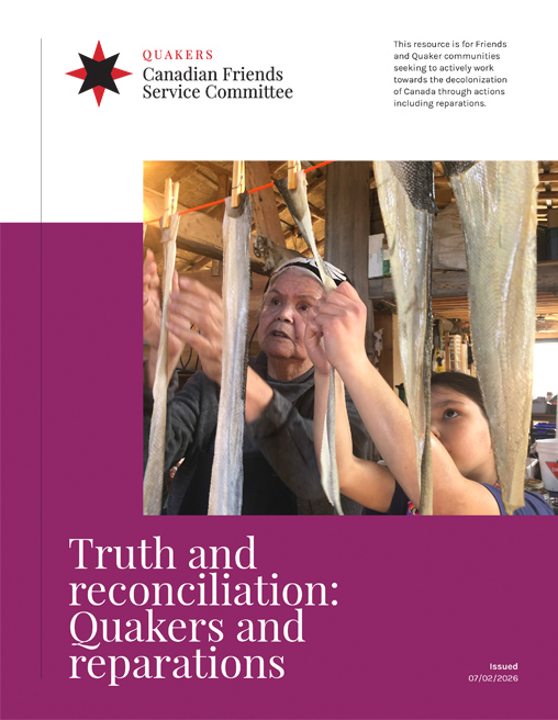 An image of workshop participants making fish leather over the title "Truth and reconciliation Quakers and reparations"