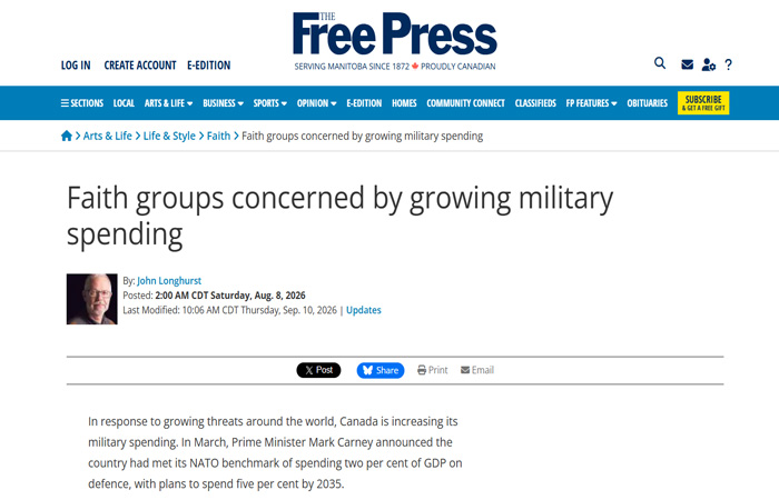 Winnipeg Free Press - Faith groups concerned by growing military spending